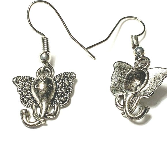 Elephant Head Earrings Silver Tone Big Ears Dangle Bali Style Good Luck Trunk Up - Picture 5 of 8
